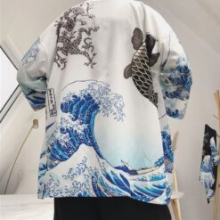 White The Great Wave and Jumping Carp Kimono Shirt 3