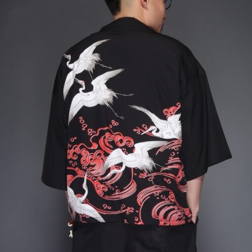 Flying Cranes and Wave Kimono Shirt 2