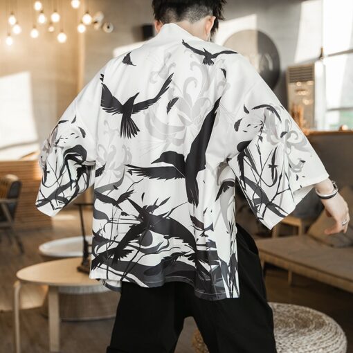 Black and White Flying Cranes Kimono Shirt 2