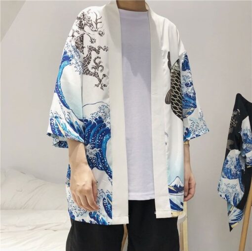 White The Great Wave and Jumping Carp Kimono Shirt 2