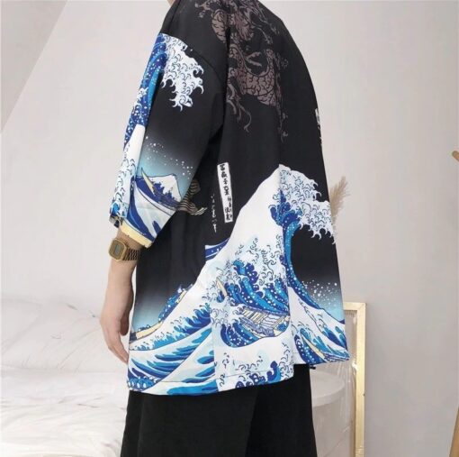 Black The Great Wave and Jumping Carp Kimono Shirt 3