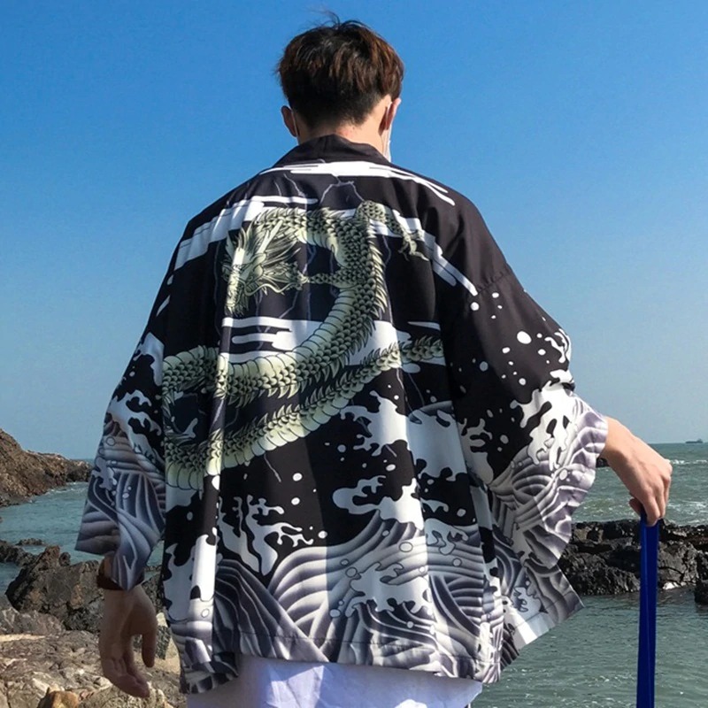 Rising Dragon Mountain Art Black Kimono Shirt 7