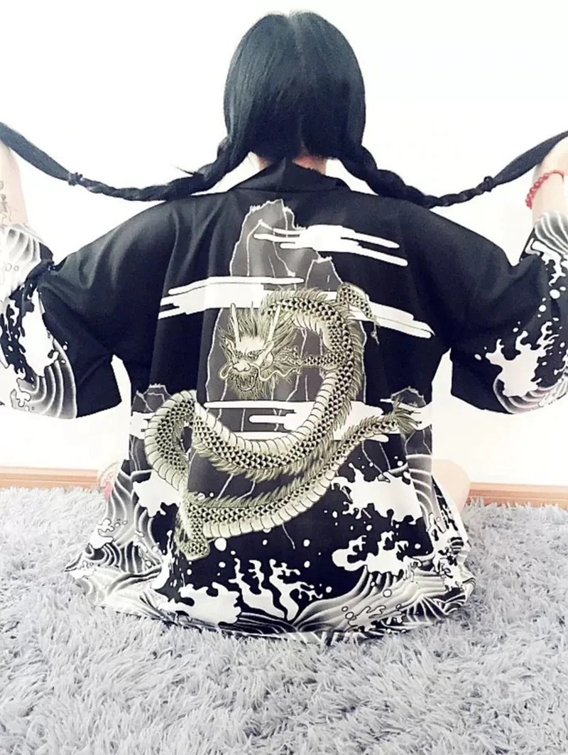 Rising Dragon Mountain Art Black Kimono Shirt 5