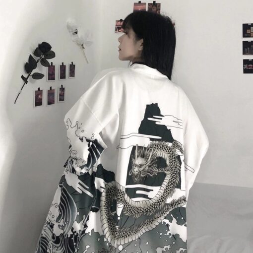 Rising Dragon Mountain Art White Kimono Shirt 6