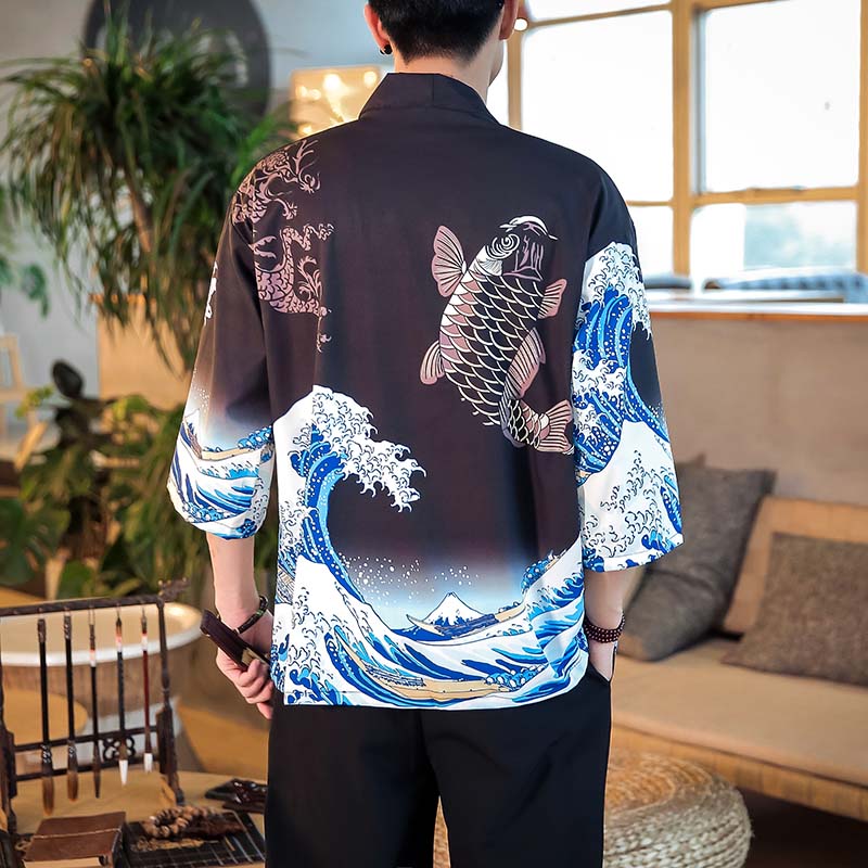 Black The Great Wave and Jumping Carp Kimono Shirt 2