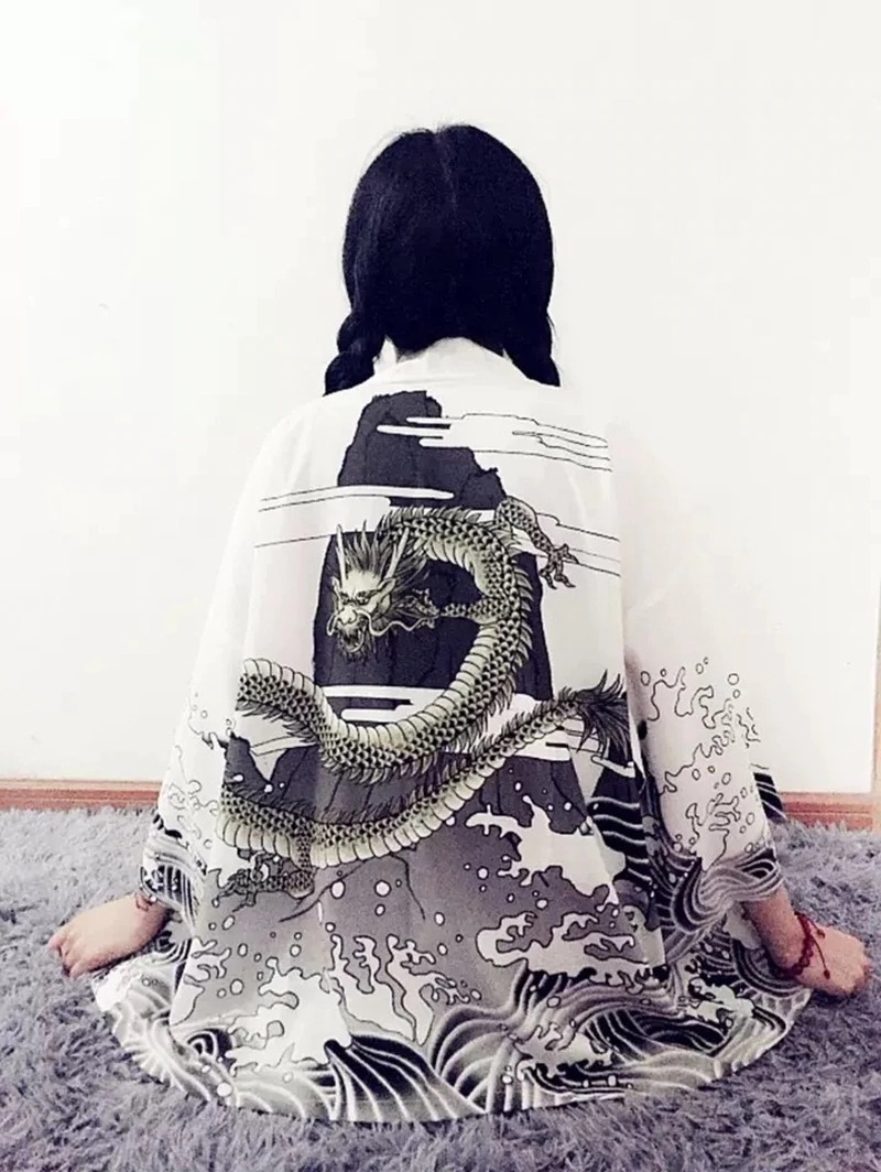 Rising Dragon Mountain Art White Kimono Shirt 4