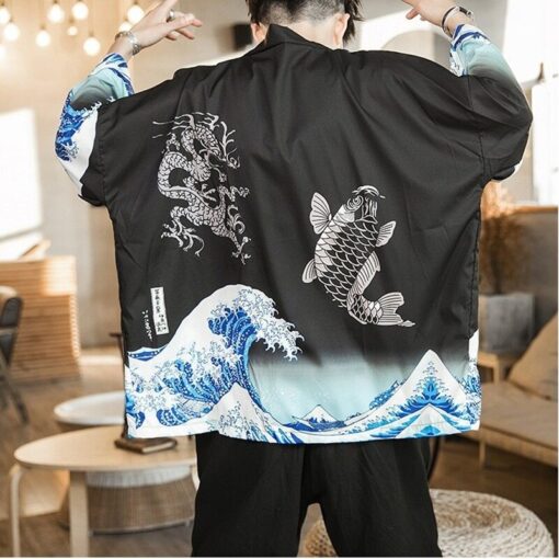 Black The Great Wave and Jumping Carp Kimono Shirt 6