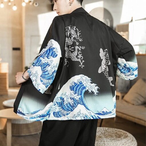 Black The Great Wave and Jumping Carp Kimono Shirt 7