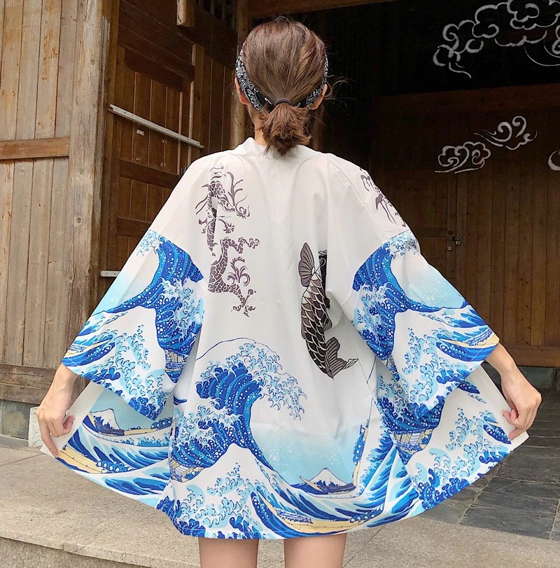 White The Great Wave and Jumping Carp Kimono Shirt 6