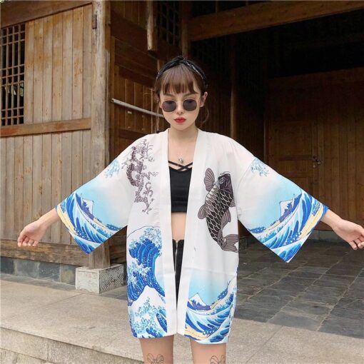 White The Great Wave and Jumping Carp Kimono Shirt 5