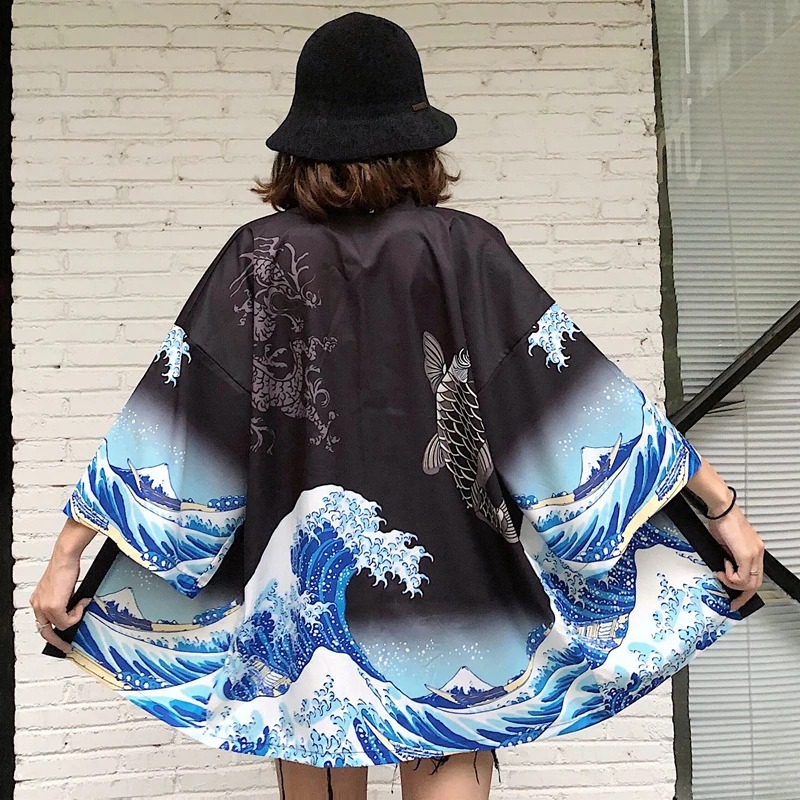 Black The Great Wave and Jumping Carp Kimono Shirt 8