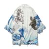 White The Great Wave and Jumping Carp Kimono Shirt 9