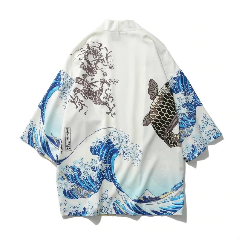 White The Great Wave and Jumping Carp Kimono Shirt 4