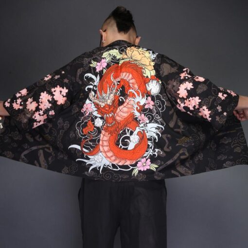 Fiery Floral Dragon Kimono Shirt 1